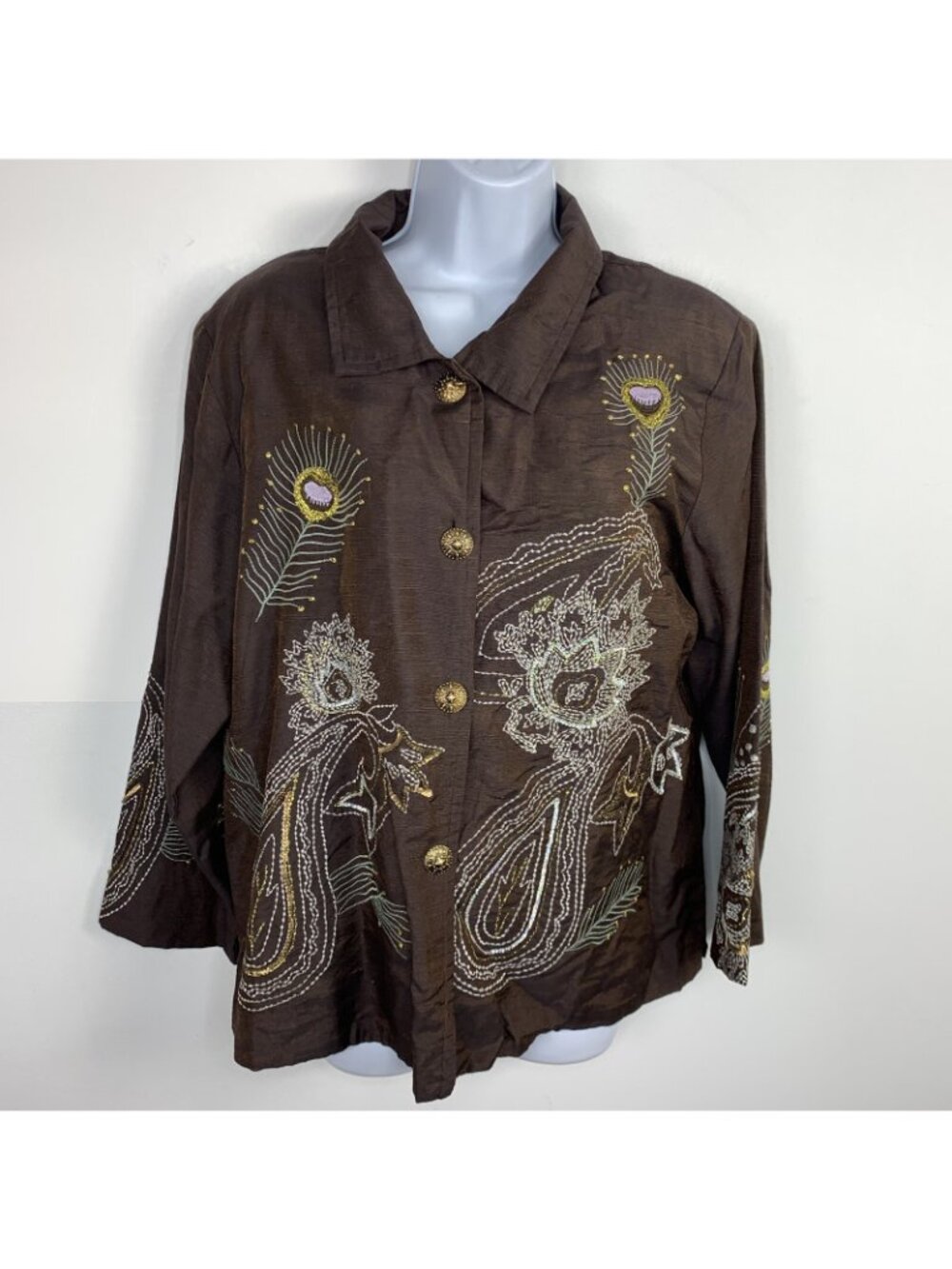 VINTAGE Indigo Moon Womens Blazer Sz L Brown Button Front Feather Embroidery NEW - Picture 11 of 12